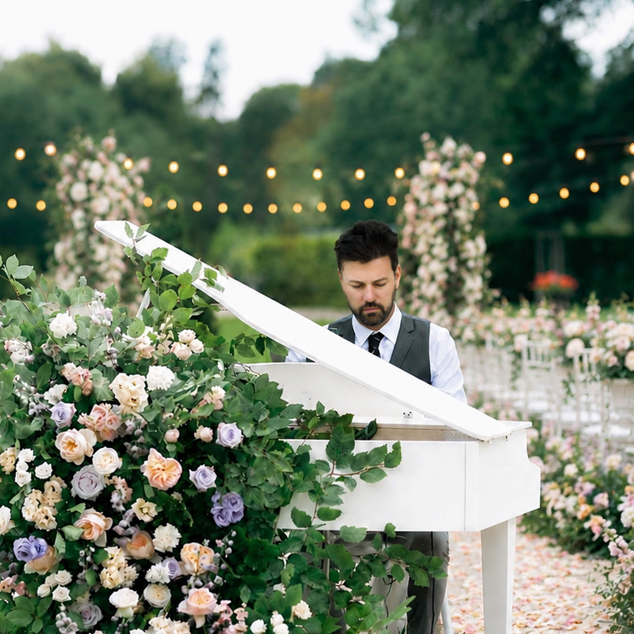 Beverly Hills wedding setting with live piano for ceremony and cocktail hour