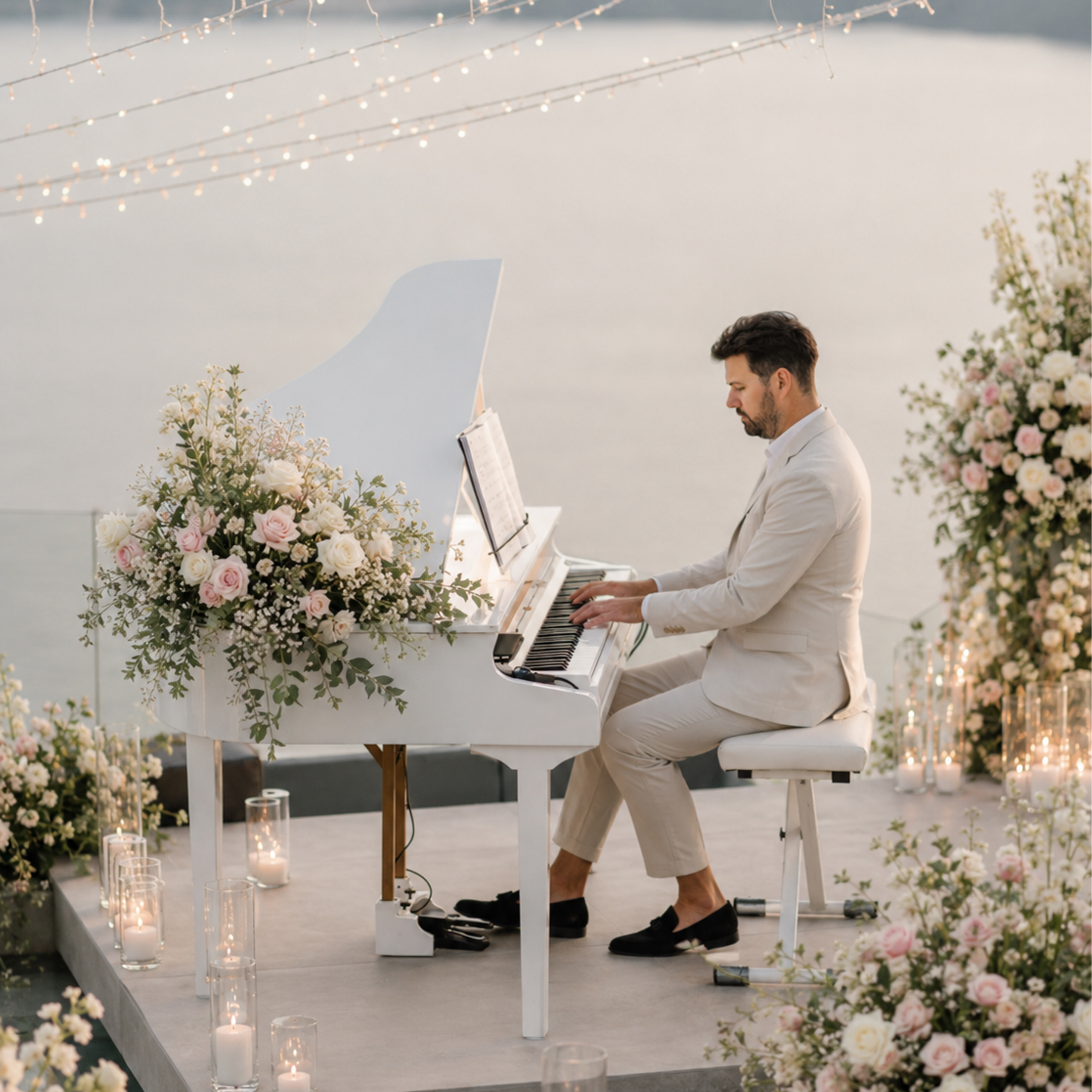 Pasadena wedding setting with live piano for ceremony and cocktail hour
