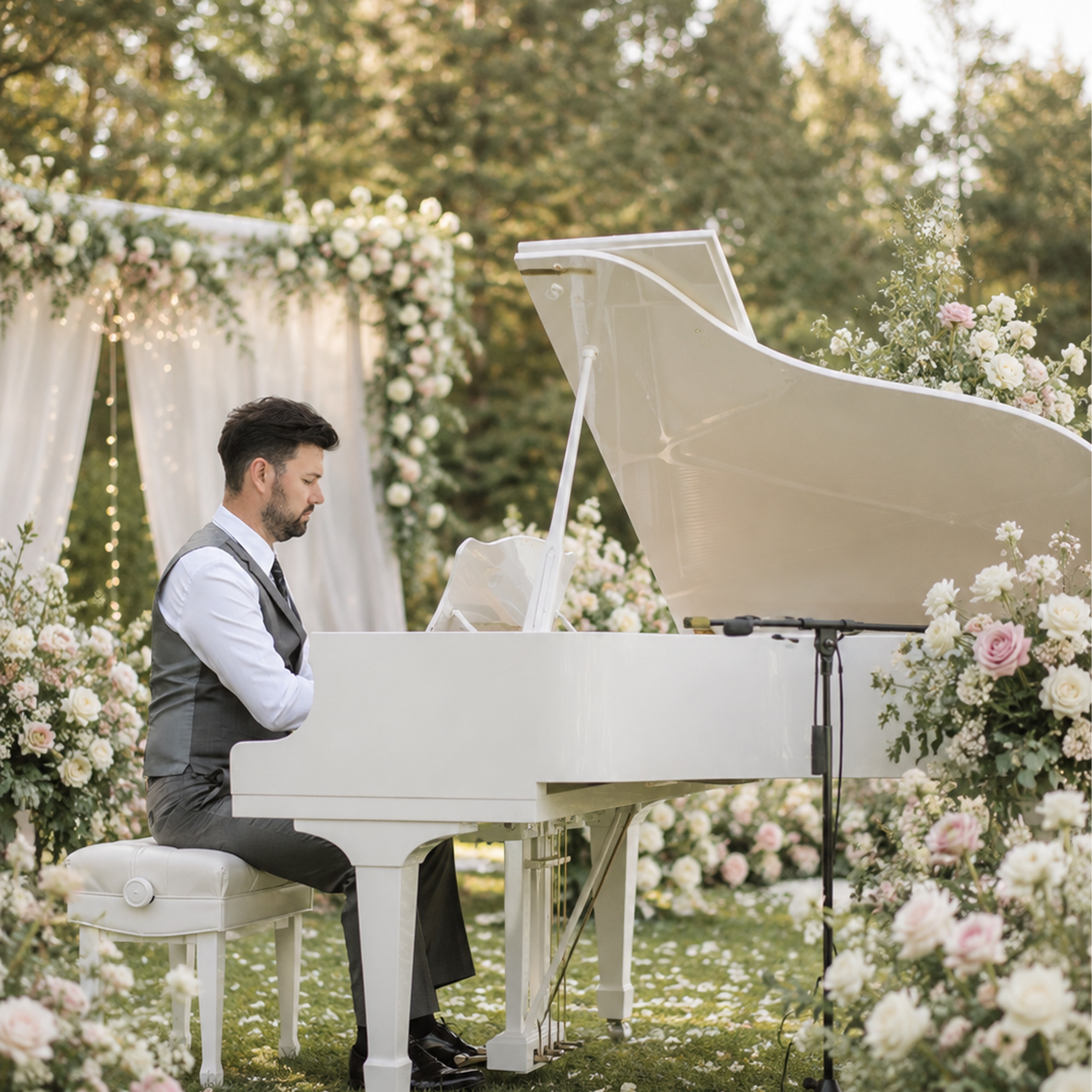 Temecula wedding setting with live piano for ceremony and cocktail hour