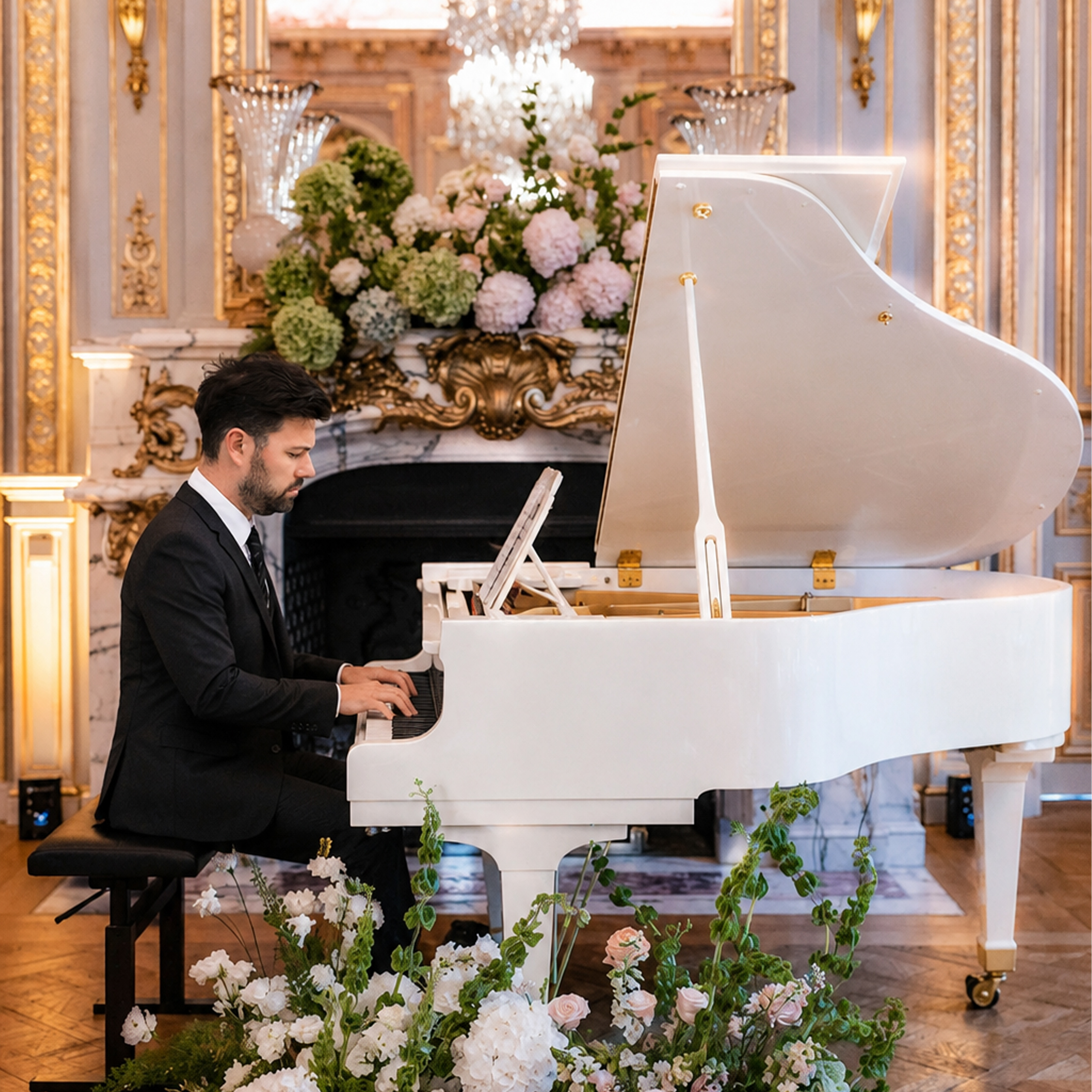 Santa Monica wedding setting with live piano for ceremony and cocktail hour