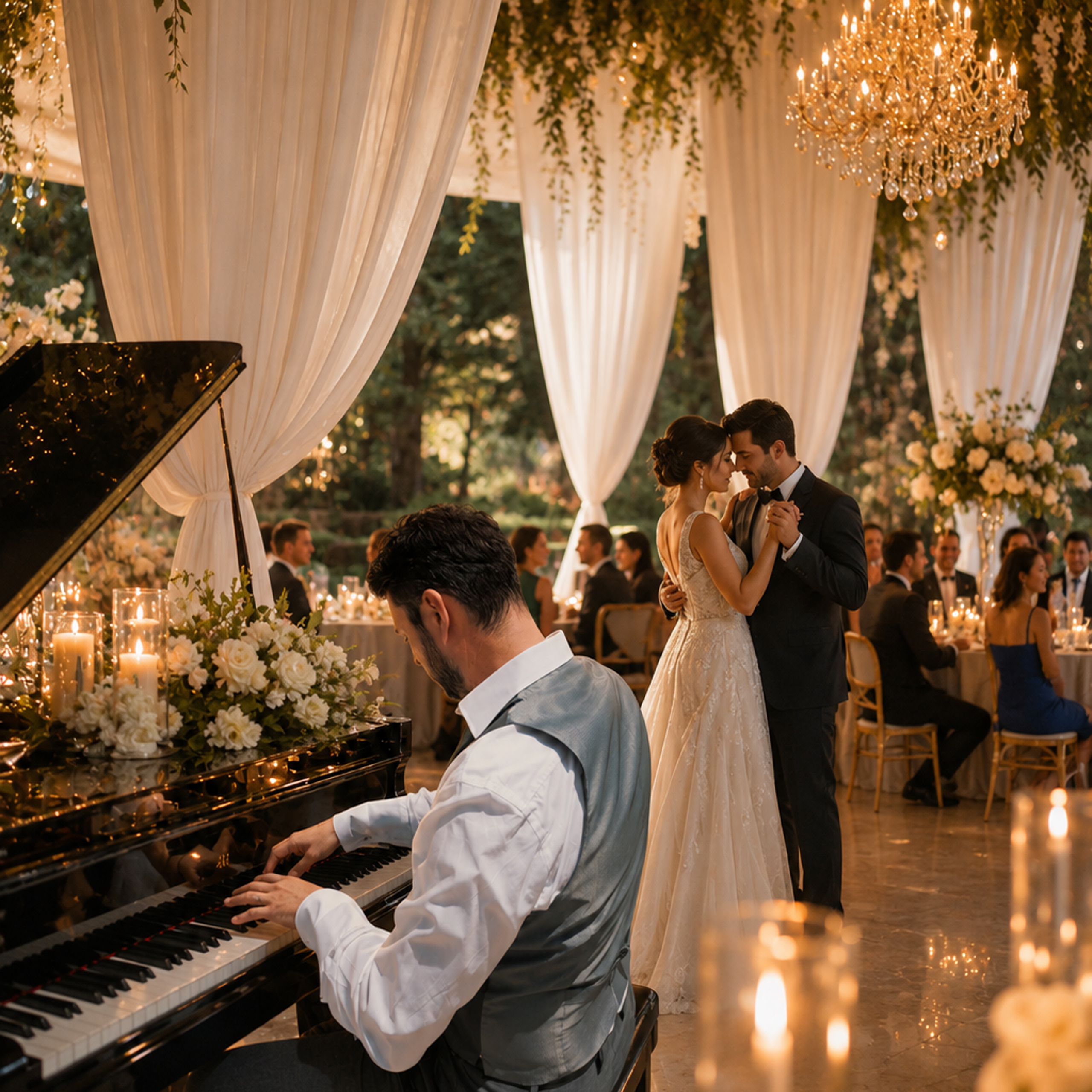 Long Beach wedding setting with live piano for ceremony and cocktail hour