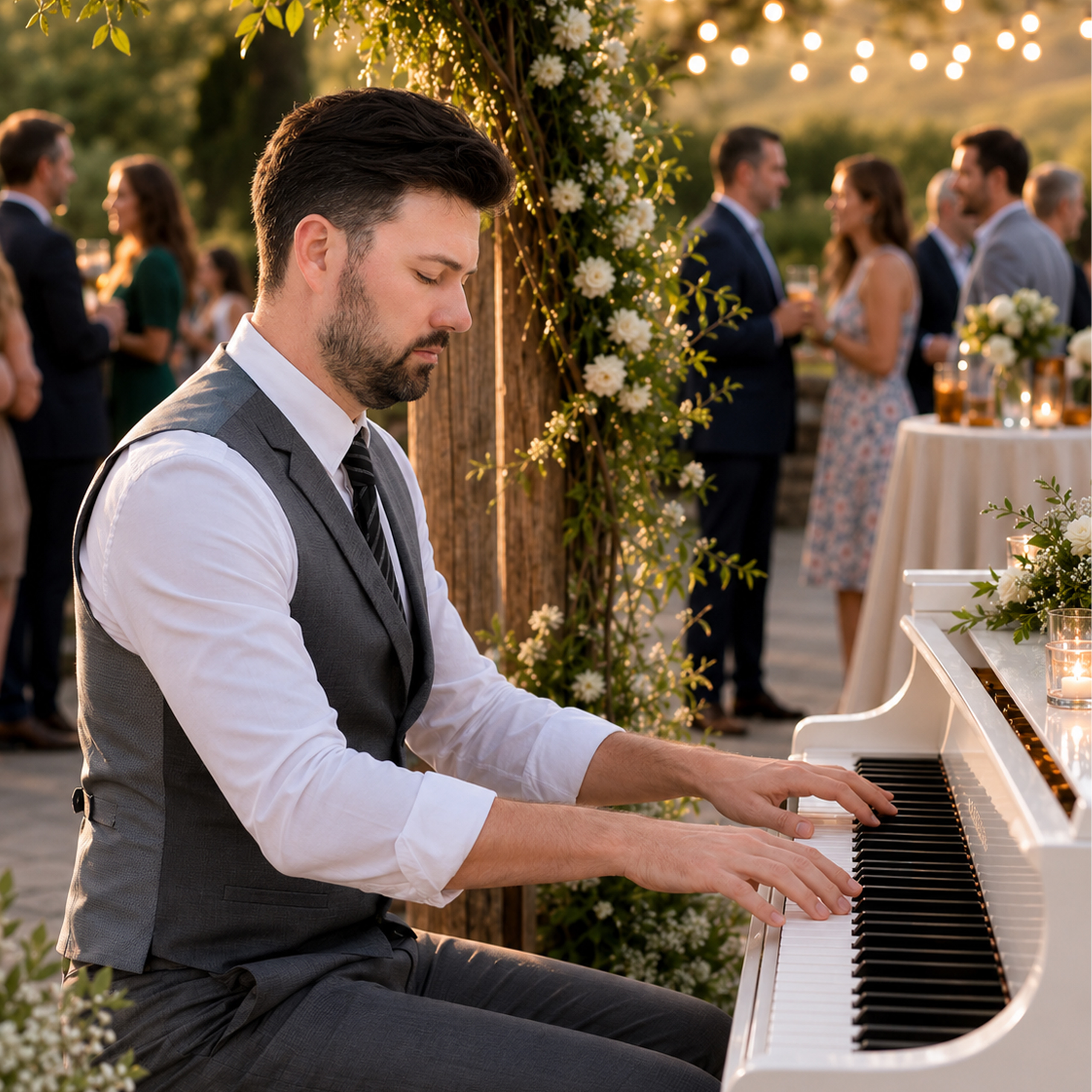 Mission Viejo wedding setting with live piano for ceremony and cocktail hour