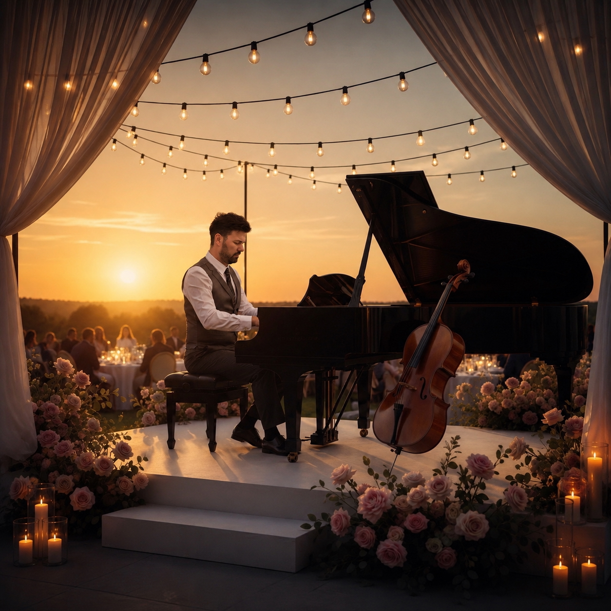 Rancho Santa Margarita wedding setting with live piano for ceremony and cocktail hour