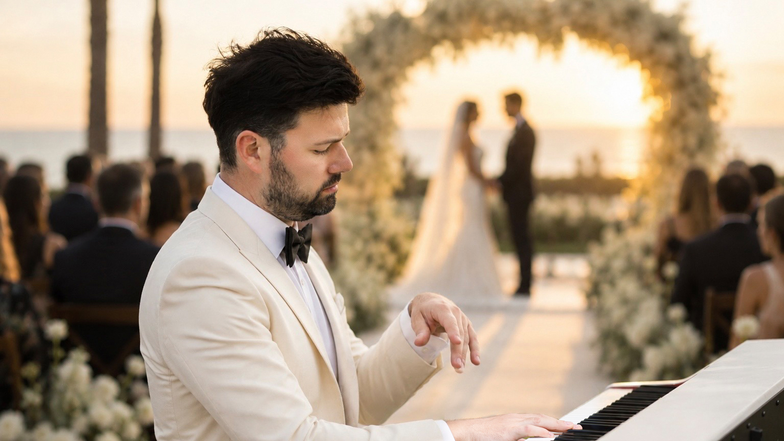 Huntington Beach wedding pianist performing live piano for a coastal celebration
