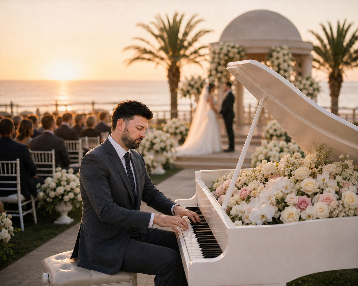 Newport Beach wedding pianist performing live piano beside a waterfront ceremony
